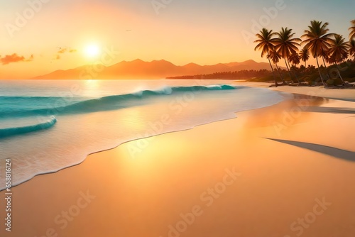 A photorealistic 3D rendering of a panoramic beach landscape at sunset.