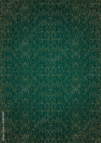 Hand-drawn unique abstract gold ornament on a dark green cold background, with vignette of darker background color and splatters of golden glitter. Paper texture. A4. (pattern: p11-1e)