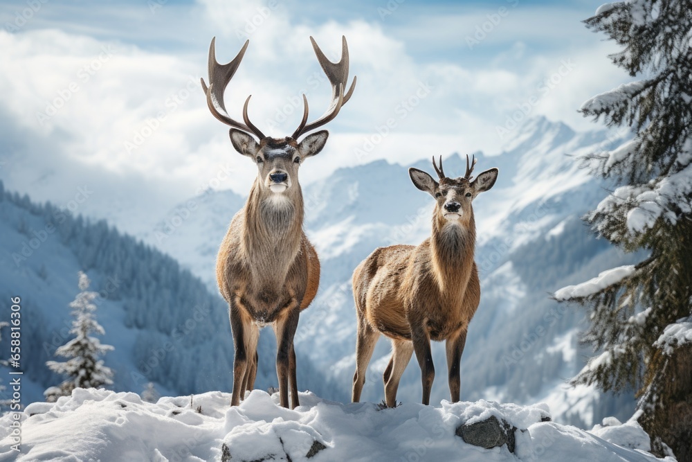 two deer standing in the snow on mointains covered landscape, in the style of mysterious backdrops two deer standing in the snow on mointains covered landscape, in the style of mysterious backdrops