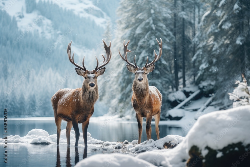 two deer standing in the snow on the lake covered landscape, in the style of mysterious backdrops