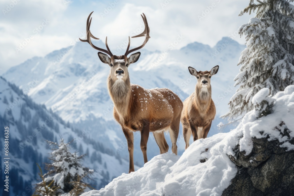 two deer standing in the snow on mointains covered landscape, in the style of mysterious backdrops