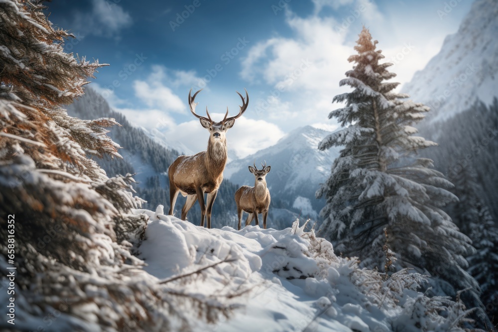 two deer standing in the snow on mointains covered landscape, in the style of mysterious backdrops two deer standing in the snow on mointains covered landscape, in the style of mysterious backdrops