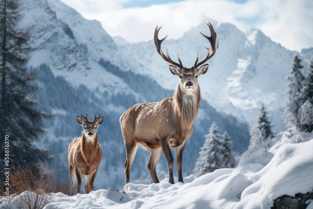 two deer standing in the snow on mointains covered landscape, in the style of mysterious backdrops