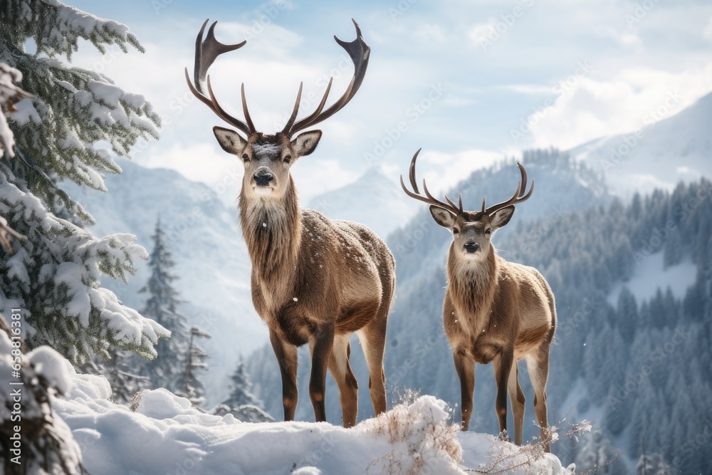 two deer standing in the snow on mointains covered landscape, in the style of mysterious backdrops two deer standing in the snow on mointains covered landscape, in the style of mysterious backdrops