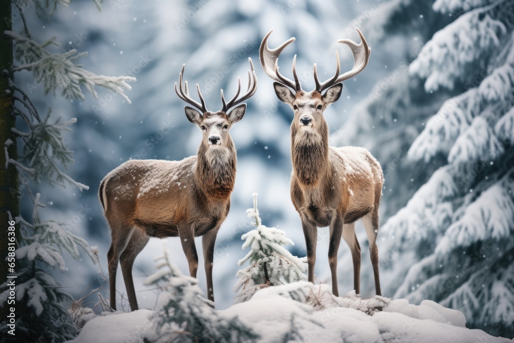 two deer standing in the snow on mointains covered landscape, in the style of mysterious backdrops two deer standing in the snow on mointains covered landscape, in the style of mysterious backdrops