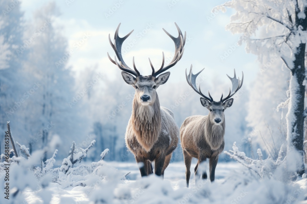 two deer standing in the snow on mointains covered landscape, in the style of mysterious backdrops two deer standing in the snow on mointains covered landscape, in the style of mysterious backdrops