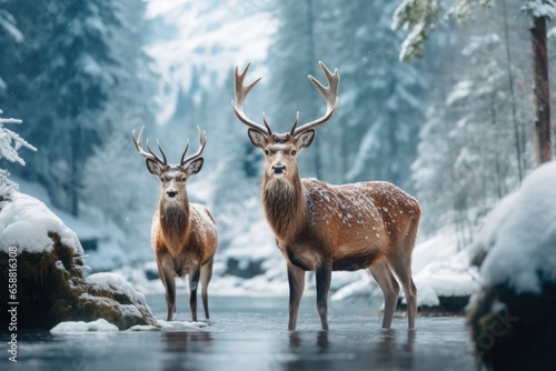 two deer standing in the snow on the lake covered landscape, in the style of mysterious backdrops