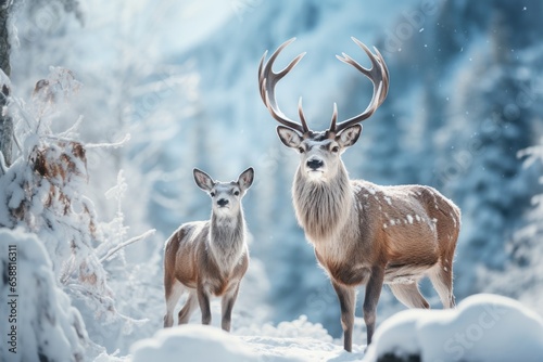 two deer standing in the snow on mointains covered landscape  in the style of mysterious backdrops
