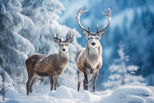 two deer standing in the snow on mointains covered landscape, in the style of mysterious backdrops