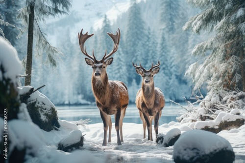 two deer standing in the snow on the lake covered landscape  in the style of mysterious backdrops