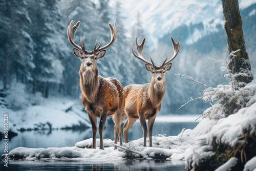 two deer standing in the snow on the lake covered landscape  in the style of mysterious backdrops