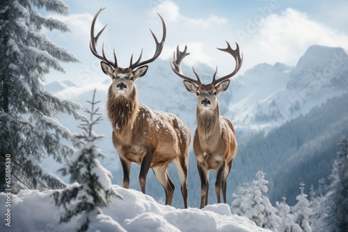 two deer standing in the snow on mointains covered landscape, in the style of mysterious backdrops © Maria Tatic