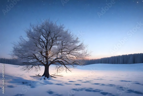 A photorealistic 3D rendering of a winter tree standing alone in a field at dawn, similar to the reference image. © sania