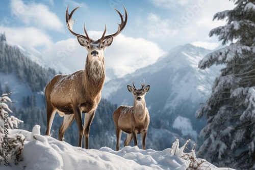 two deer standing in the snow on mointains covered landscape, in the style of mysterious backdrops