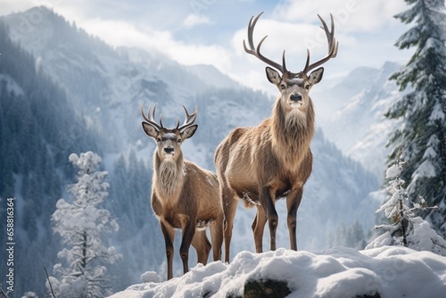 two deer standing in the snow on mointains covered landscape, in the style of mysterious backdrops © Maria Tatic