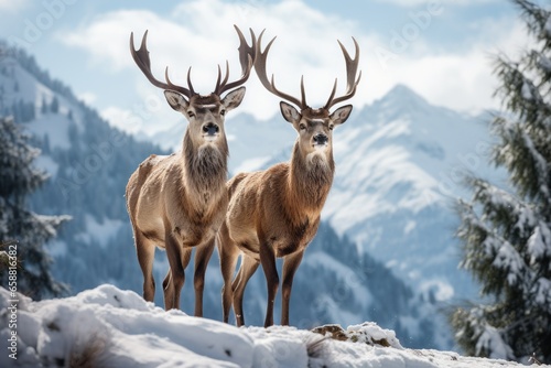 two deer standing in the snow on mointains covered landscape, in the style of mysterious backdrops
