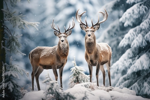 two deer standing in the snow on mointains covered landscape, in the style of mysterious backdrops © Maria Tatic