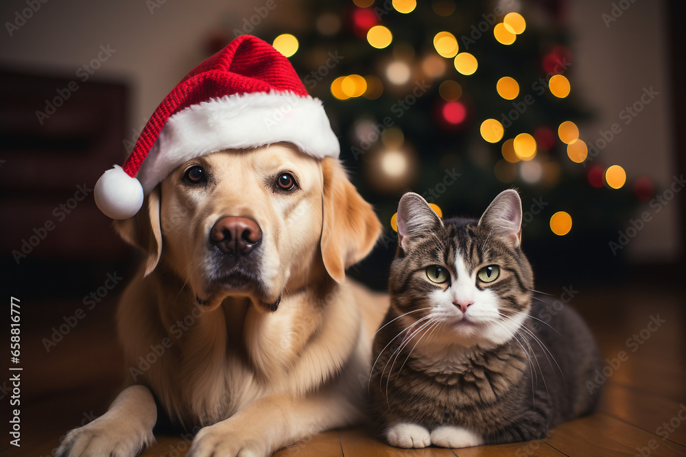 Furry Friends Celebrating New Year, Cat and Labrador Dog Wearing Christmas Hats Pose for 2024 Selfie