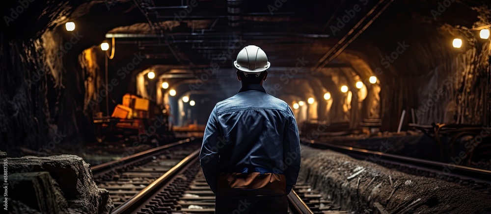 Fototapeta premium Engineer inspecting underground railway tunnel for defects before project ends Blurry photo With copyspace for text