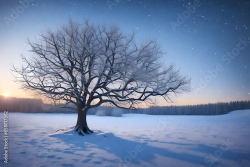 A photorealistic 3D rendering of a winter tree standing alone in a field at dawn, similar to the reference image. © sania