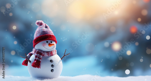 Snowman on the snow with copy space. Christmas card. © Double  Comet