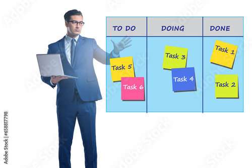 Businessman working on kanban board with tasks photo