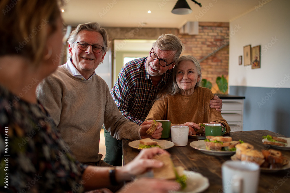 Senior couples having a double date in the kitchen at home Senior couples having a double date in the kitchen at home