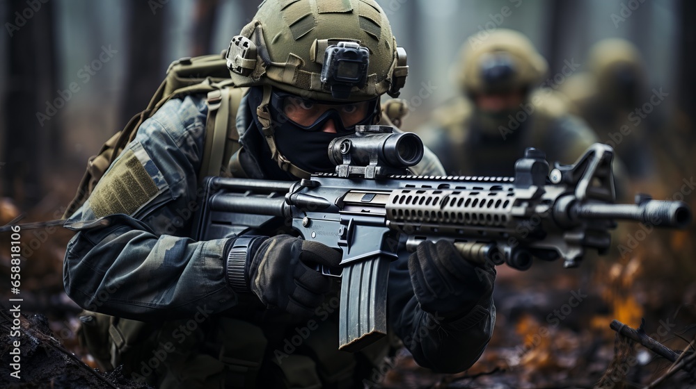 Military sniper with a weapon with a scope. Experienced military man on a mission or special operation. Dangerous task. Concept: war and military personnel - obrazy, fototapety, plakaty 