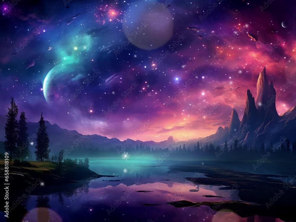 Space view with sky and stars, loop video, anime style landscape, starry night. Background for business and advertising. Space view with sky and stars, loop video, anime style landscape, starry night. Background for business and advertising.