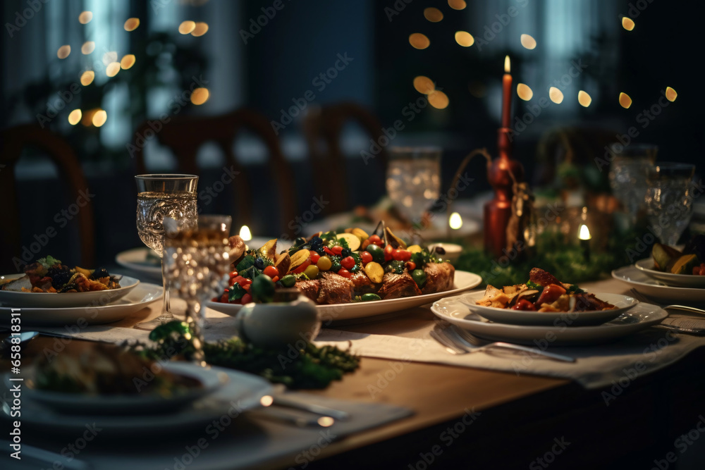 Elegant table setting with candles in restaurant. Selective focus. Romantic dinner setting with candles on table in restaurant.
