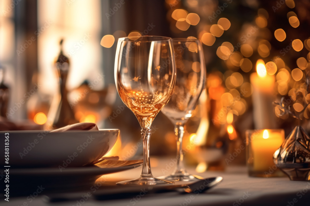 Elegant table setting with candles in restaurant. Selective focus. Romantic dinner setting with candles on table in restaurant.
Elegant table setting with candles in restaurant. Selective focus. Romantic dinner setting with candles on table in restaurant.