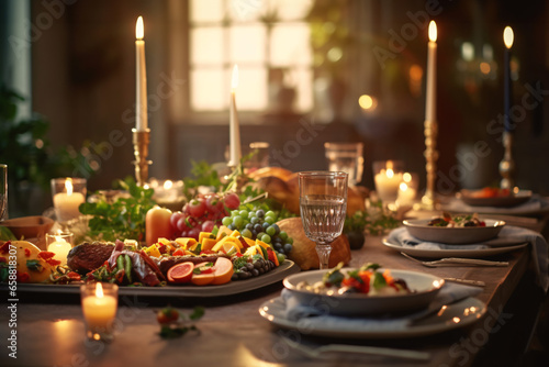 Elegant table setting with candles in restaurant. Selective focus. Romantic dinner setting with candles on table in restaurant. 