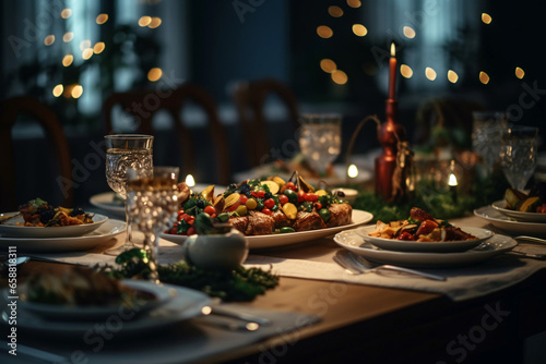 Elegant table setting with candles in restaurant. Selective focus. Romantic dinner setting with candles on table in restaurant. 