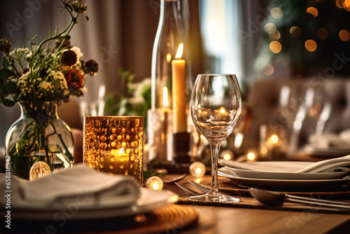 Elegant table setting with candles in restaurant. Selective focus. Romantic dinner setting with candles on table in restaurant. 