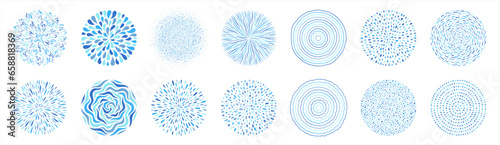 Round shapes, graphic elements big collection, set. Frame templates, text backgrounds made of uneven dots, hand drawn stripes, splashes, water drops, concentric circles, squiggles, blobs, wavy lines.