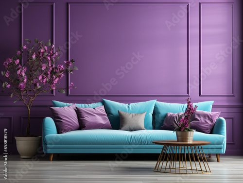 Living room home interior background. Empty Violet wall mock up