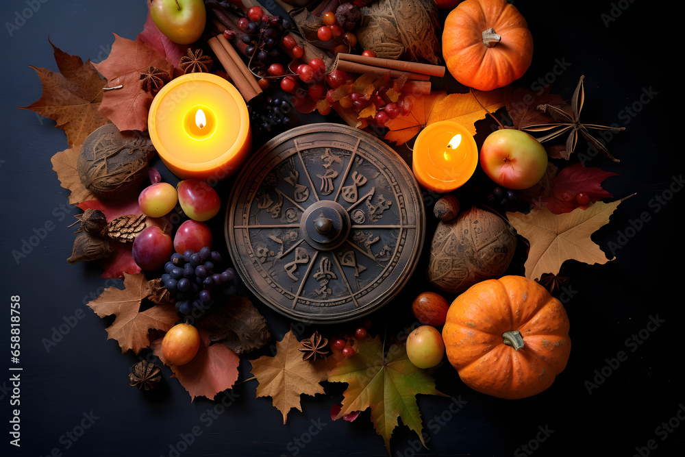 Wiccan altar for Mabon sabbat. fruits, pumpkins, candle, nuts and wheel of the year on abstract dark background. Witchcraft, esoteric spiritual ritual for fall season. symbol of Harvest. top view - obrazy, fototapety, plakaty 