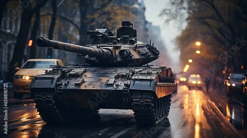 Tank on a military mission. The barrel of a tank. Infantrymen and tankers among the city and steppe. Dangerous military work. Concept: modern military transport.