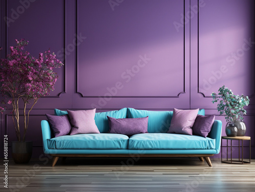 Living room home interior background. Empty Violet wall mock up