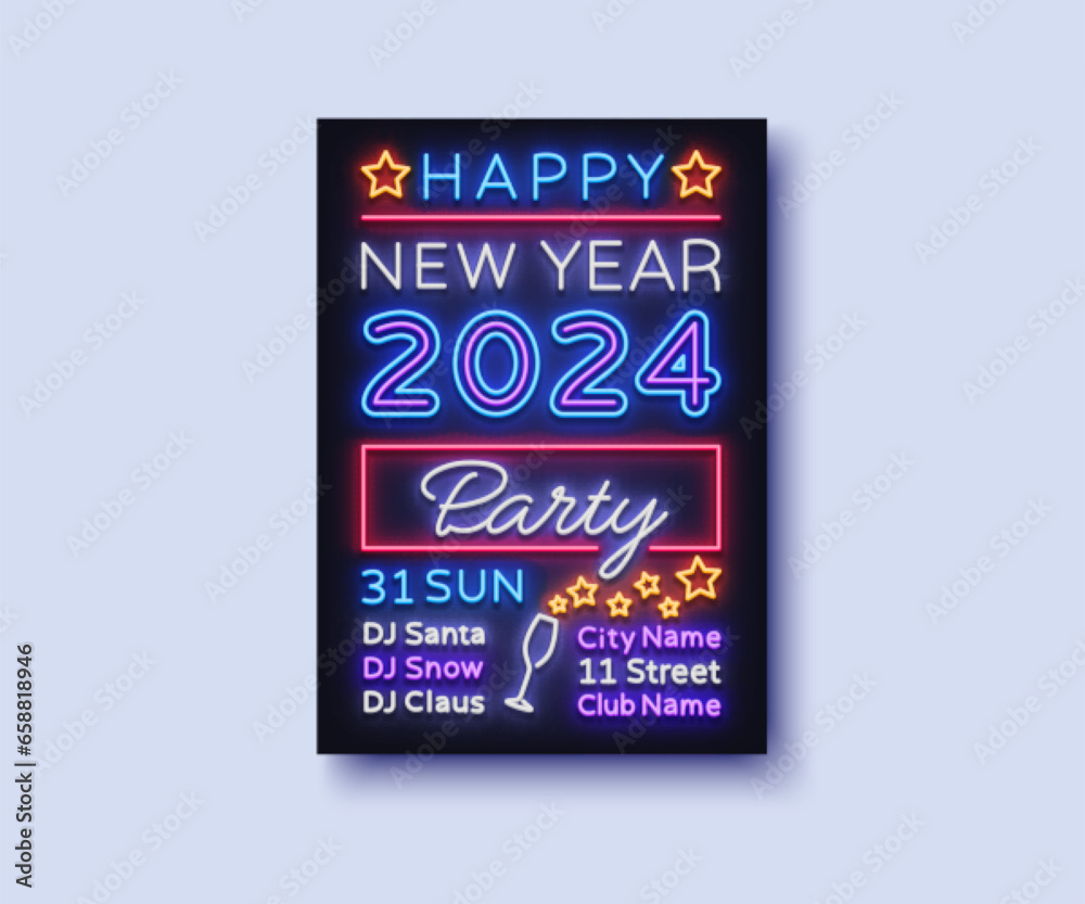 Colorful new year neon 2024 in retro style on light background. Vector illustration