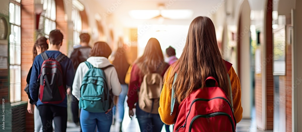 High school students walking and talking from behind With copyspace for text