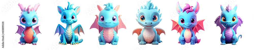 Set of cute little blue dragon creative minimal 3d style isolated white background, remove background Set of cute little blue dragon creative minimal 3d style isolated white background, remove background