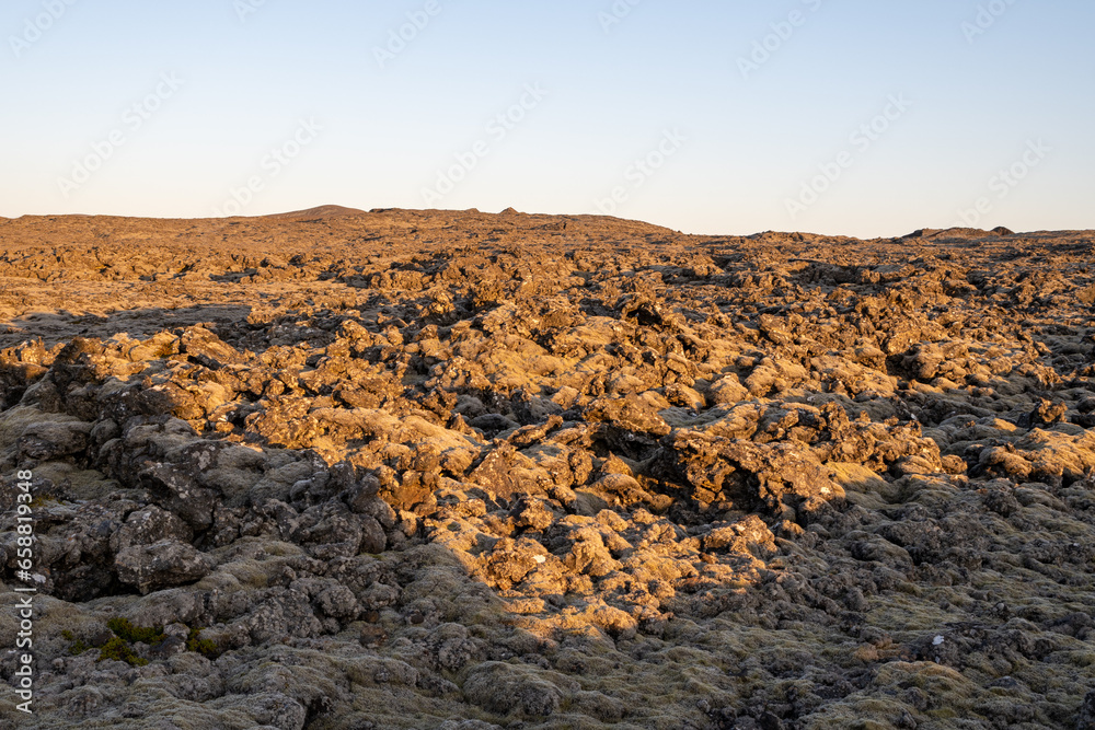 Expansive moss-covered lava field near Reyjavik, Iceland under clear sunny afternoon sky.