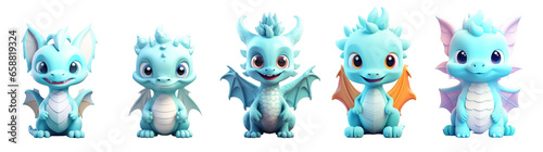 Set of cute little azure dragon creative minimal 3d style isolated white background, remove background © CraftyImago