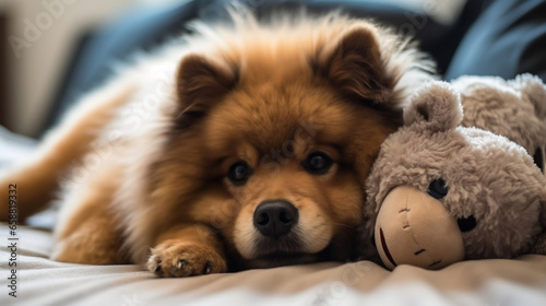 Pomeranian lying down with his plush toy