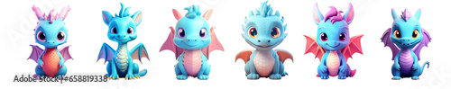 Set of cute little blue dragon creative minimal 3d style isolated white background, remove background