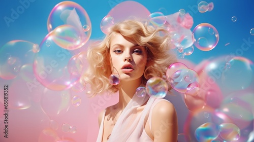 Close up portrait of a blonde model, girl with iridescent shiny soap bubbles floating and flying around. Pastel colors, pink, peach fuzz, blue. Concept of lightness, beauty, skin care, joy, elegance