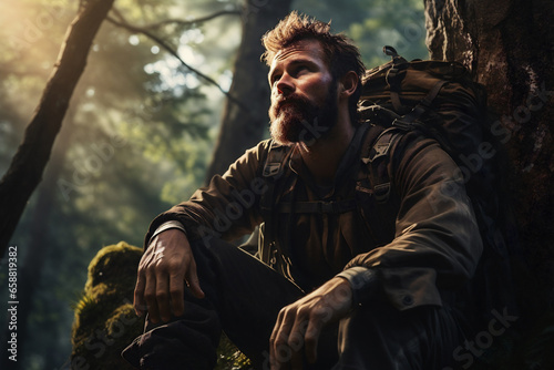 Sitting hiker taking a break to continue on route, young man with a distant and reflective gaze