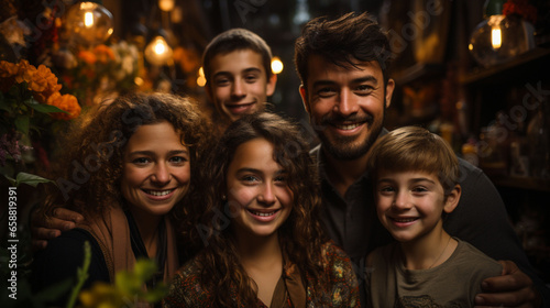 Heartwarming family portrait featuring a diverse, joyous family in loving poses. Predominant colors: black and gray. Ideal for promoting family values, love, unity, and related themes © faissal El Kadousy