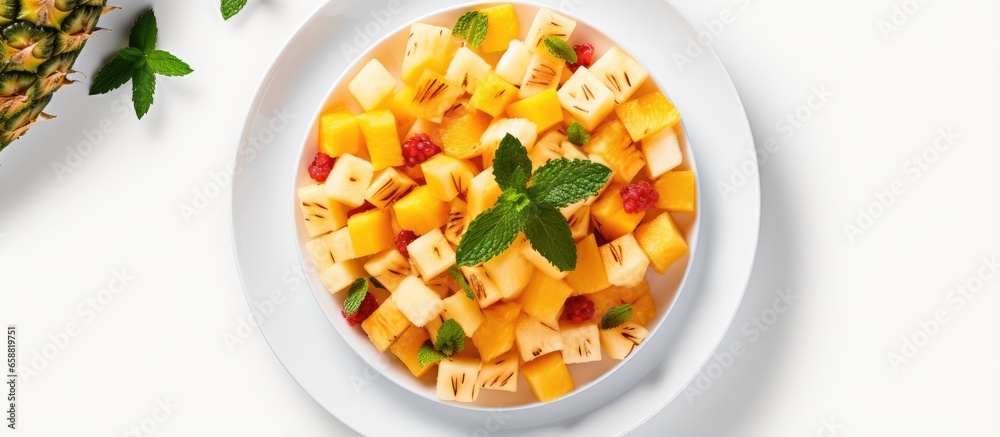 Fruit salad in pineapple on white plate from top view With copyspace for text Fruit salad in pineapple on white plate from top view With copyspace for text